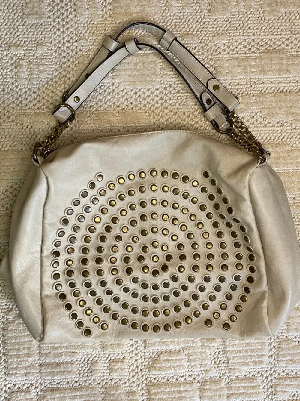 Ivory Studded Hobo Shoulder Bag – Gold Hardware